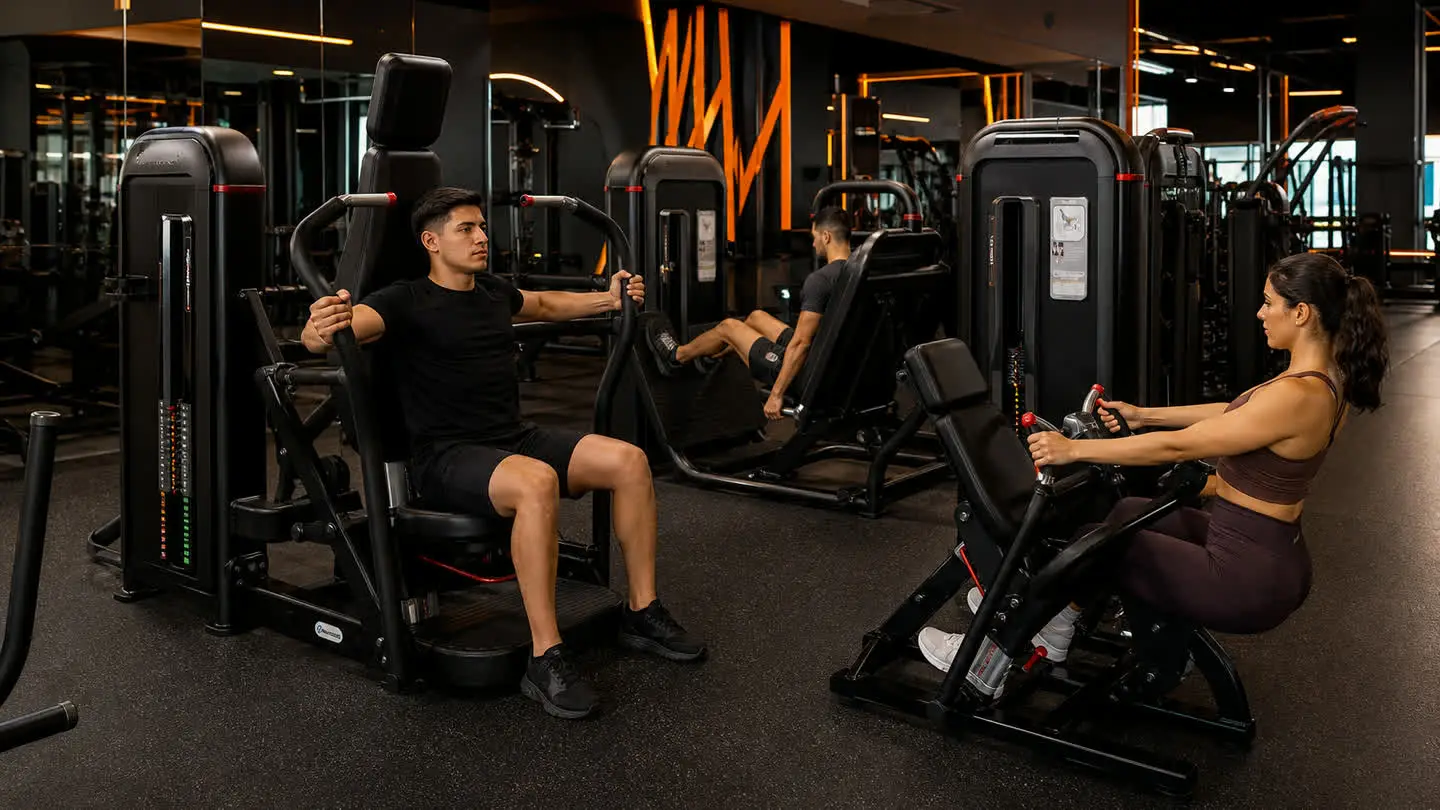 Visual de campaña Empire Fitness sobre experiencia de entrenamiento para Plaza Estambres, con equipo de fuerza negro inspirado en referencias oficiales Nautilus