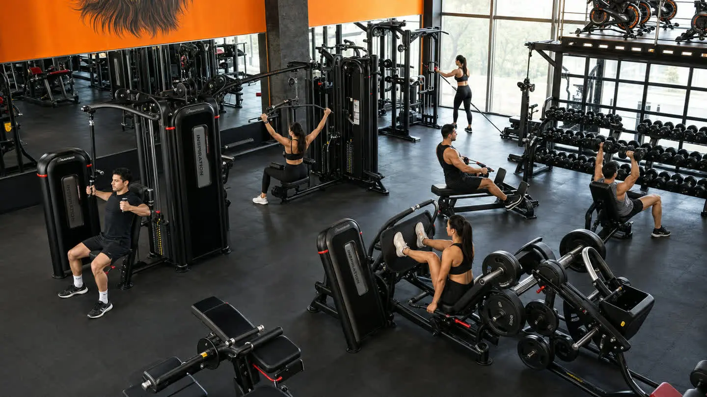 Visual de campaña Empire Fitness sobre experiencia de entrenamiento para Los Héroes, con equipo de fuerza negro inspirado en referencias oficiales Nautilus