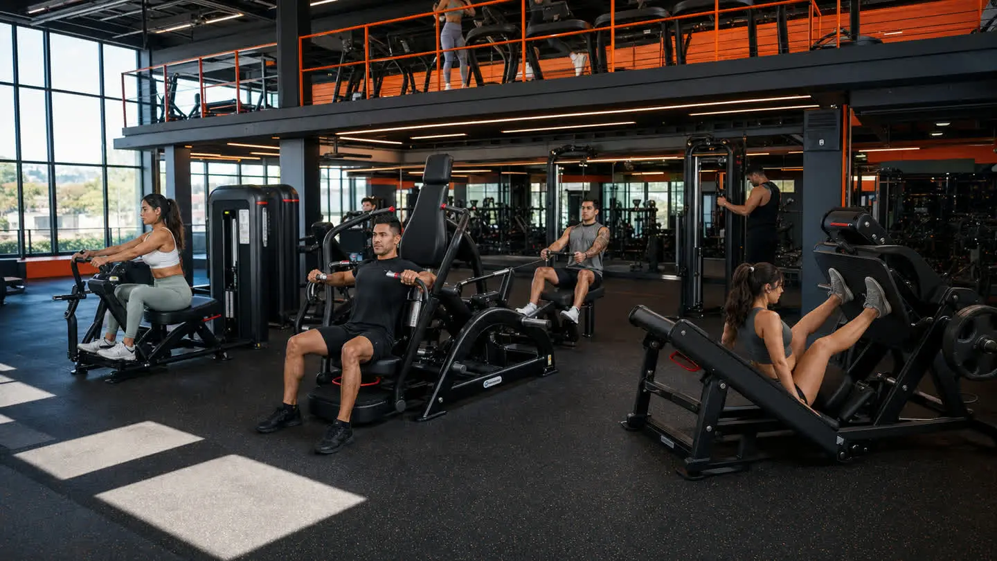 Visual de campaña Empire Fitness sobre experiencia de entrenamiento para Mirador 2, con equipo de fuerza negro inspirado en referencias oficiales Nautilus