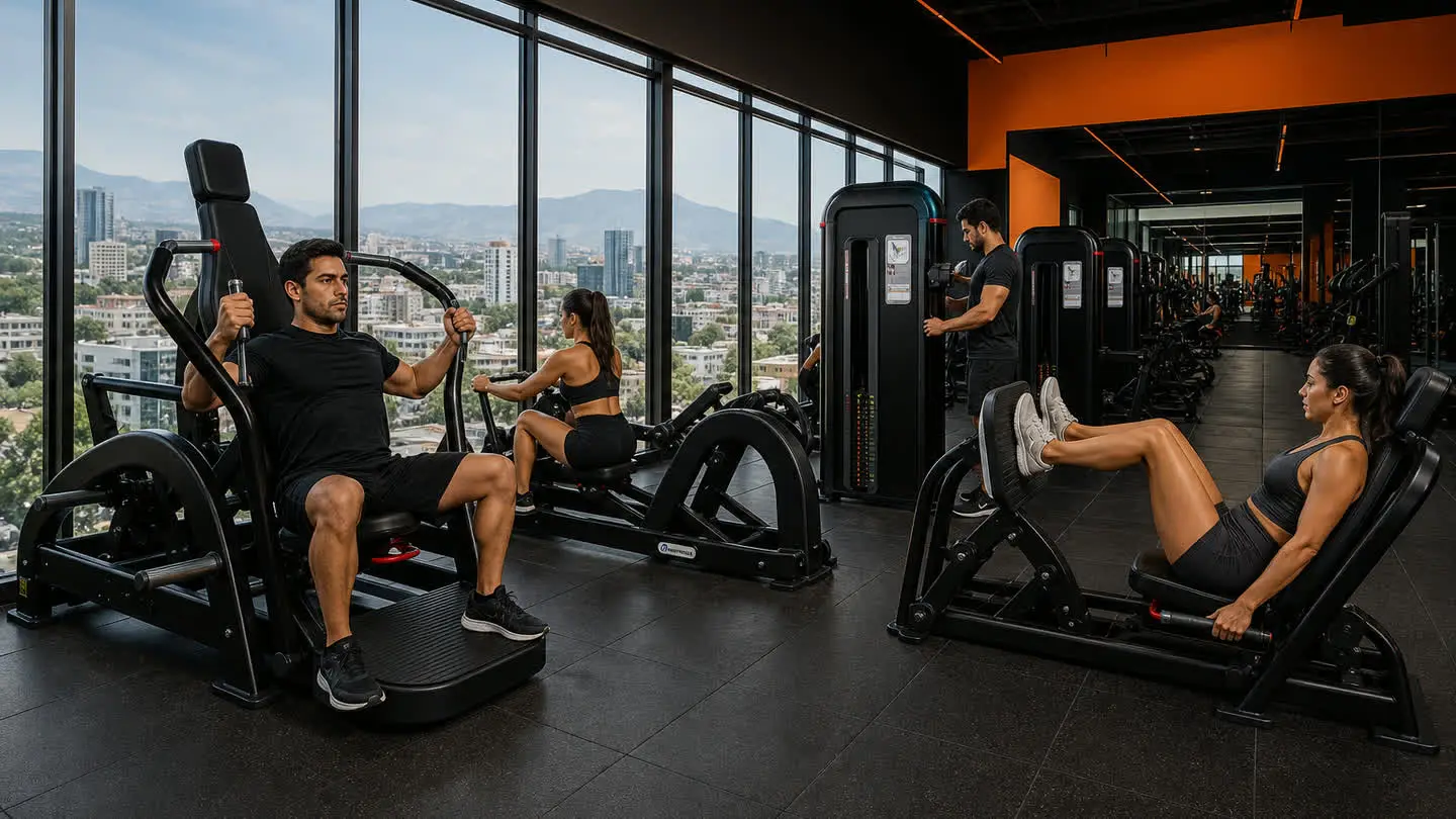 Visual de campaña Empire Fitness sobre experiencia de entrenamiento para Mirador, con equipo de fuerza negro inspirado en referencias oficiales Nautilus