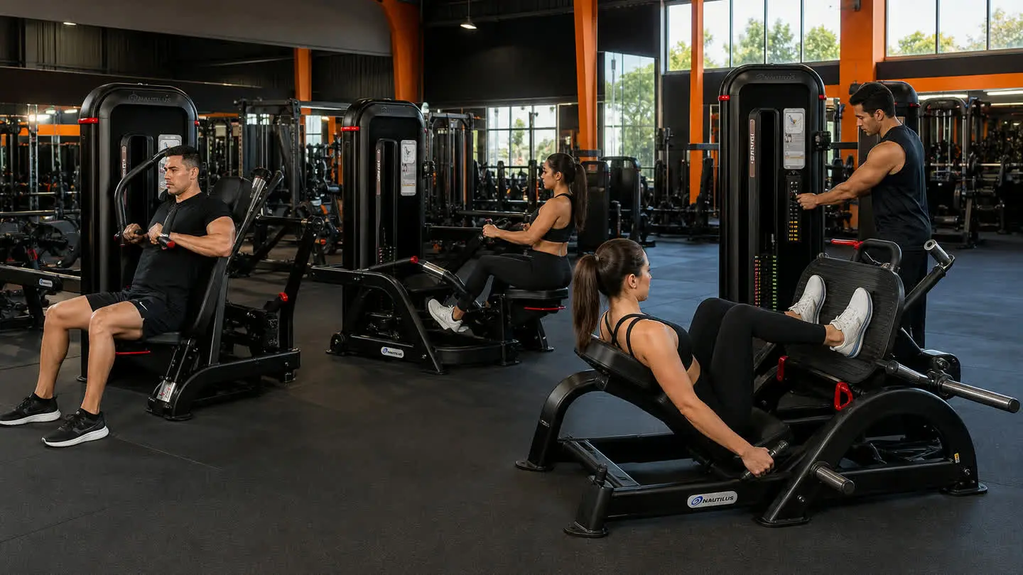 Visual de campaña Empire Fitness sobre experiencia de entrenamiento para San Martín, con equipo de fuerza negro inspirado en referencias oficiales Nautilus
