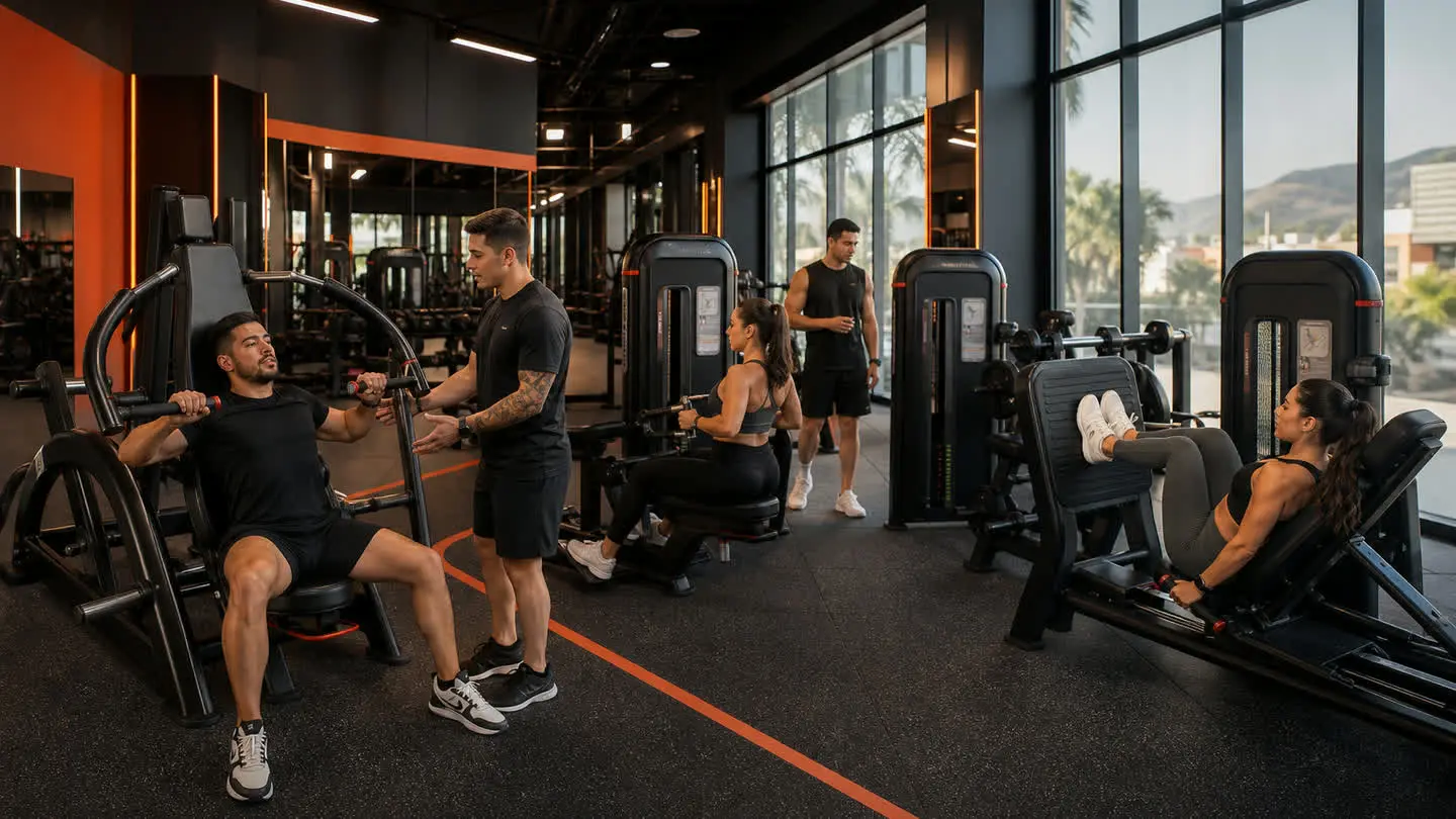 Visual de campaña Empire Fitness sobre experiencia de entrenamiento para Tehuacán 1, con equipo de fuerza negro inspirado en referencias oficiales Nautilus