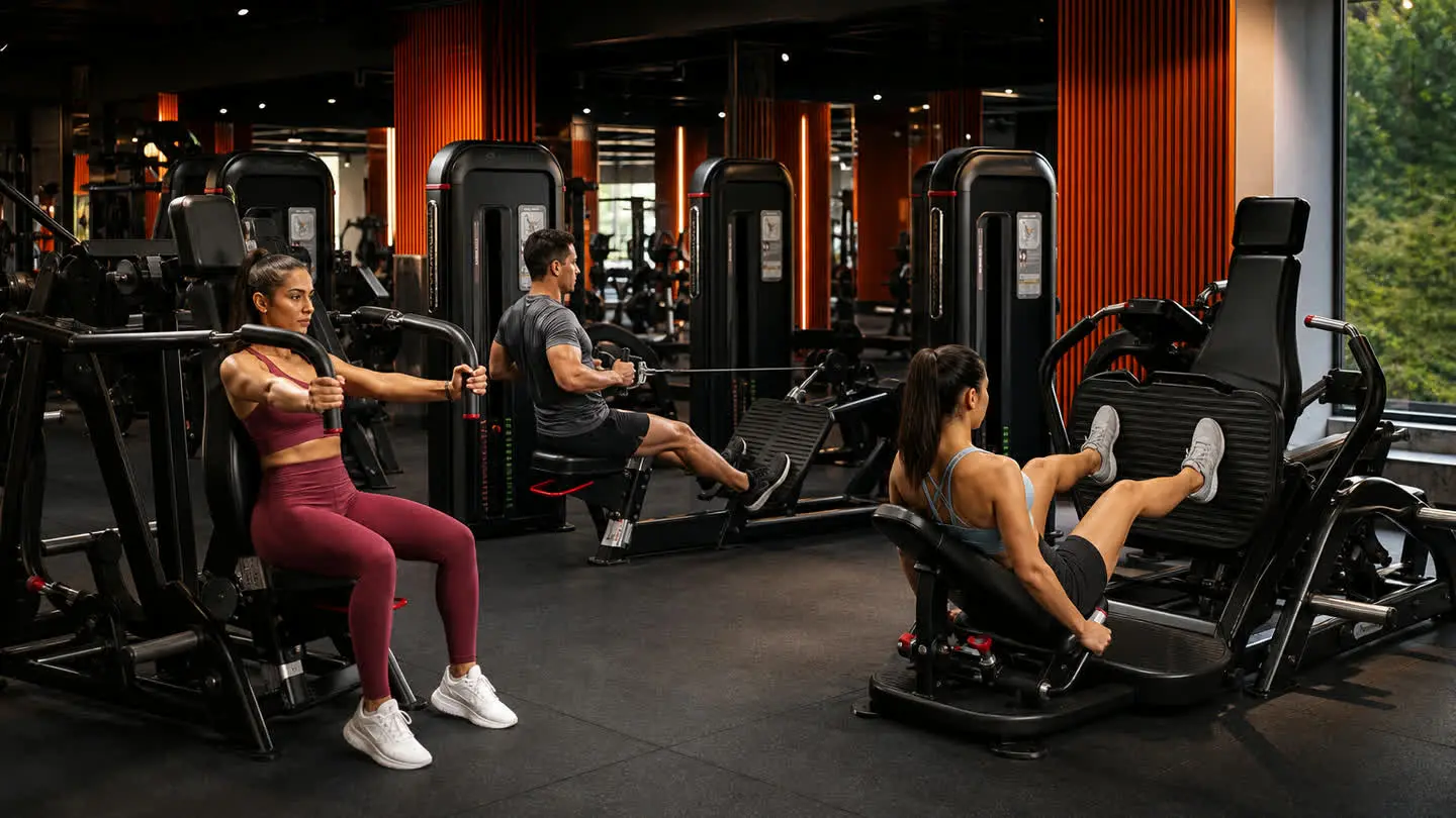 Visual de campaña Empire Fitness sobre experiencia de entrenamiento para Tlaxcala, con equipo de fuerza negro inspirado en referencias oficiales Nautilus