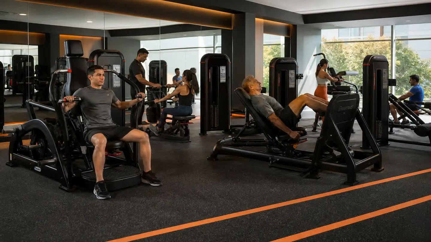 Visual de campaña Empire Fitness sobre experiencia de entrenamiento para Torres Médicas, con equipo de fuerza negro inspirado en referencias oficiales Nautilus