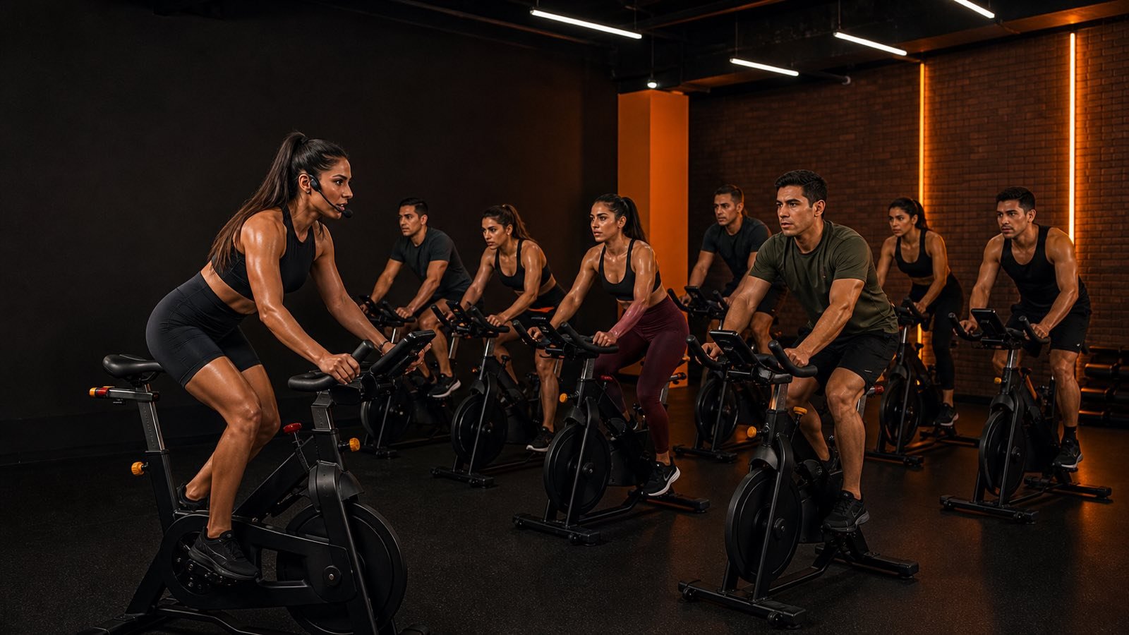 Campaña visual de Spinning en un estudio negro y naranja estilo Empire Fitness, creada con personas sintéticas