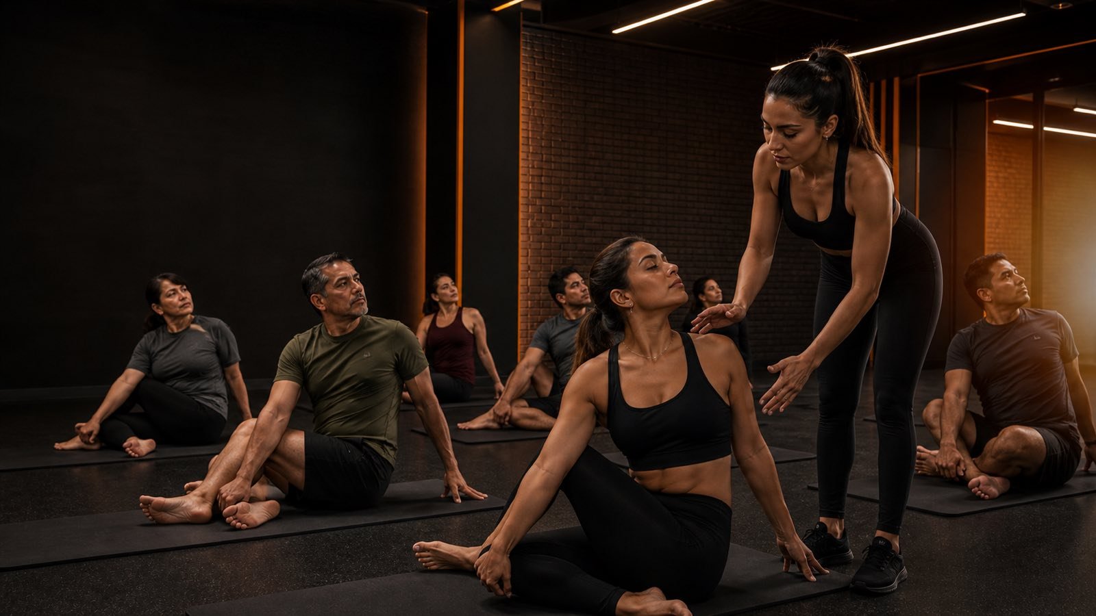 Campaña visual de Yoga y movilidad en un estudio negro y naranja estilo Empire Fitness, creada con personas sintéticas