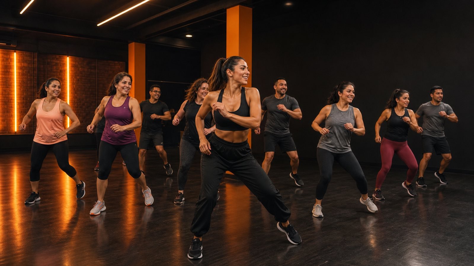 Campaña visual de Zumba en un estudio negro y naranja estilo Empire Fitness, creada con personas sintéticas