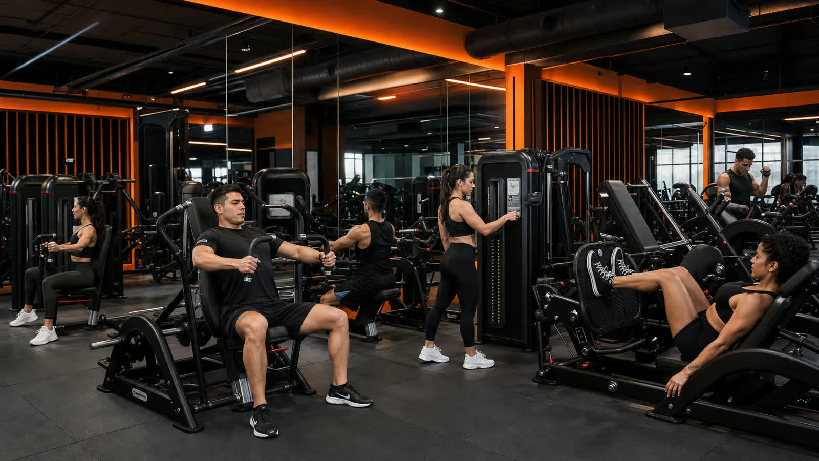 Composición publicitaria generada con IA de un gimnasio Empire negro y naranja, con atletas y equipo de fuerza inspirado en referencias oficiales Nautilus; no documenta la sede Guadalajara, su inventario ni la reinauguración