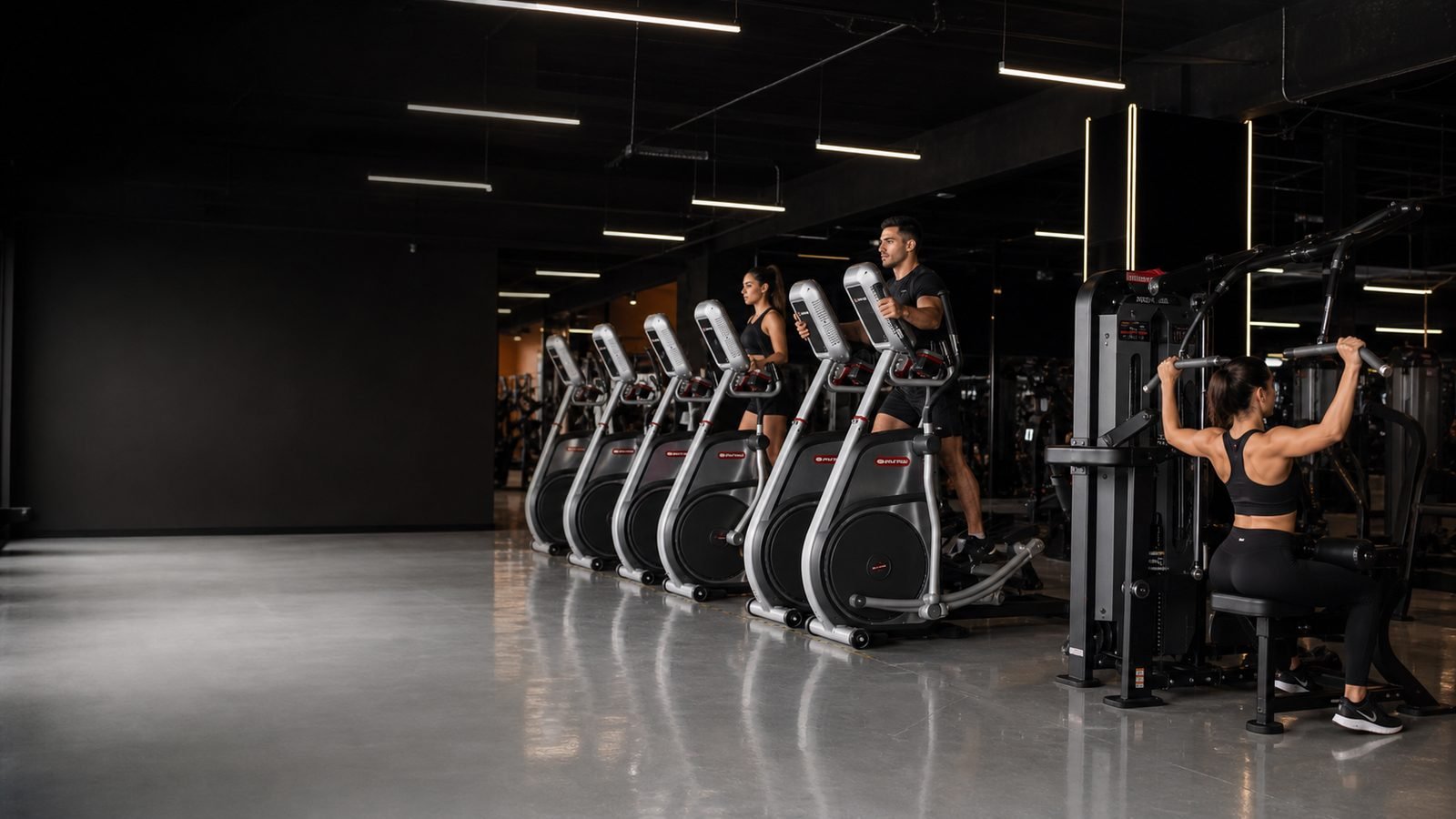 Composición publicitaria de un gimnasio Empire Fitness con personas entrenando; intervención con IA sobre una fotografía de lugar real
