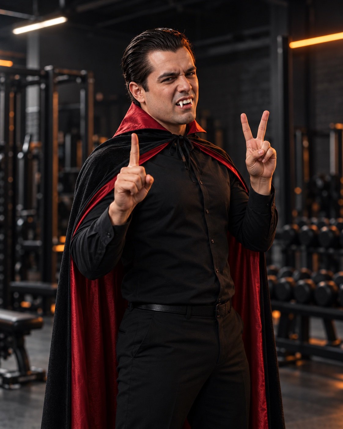 Vampiro, personaje ficticio de Halloween mostrando los dígitos uno y dos con sus manos; ilustración creada con IA, no es una fotografía de la sede