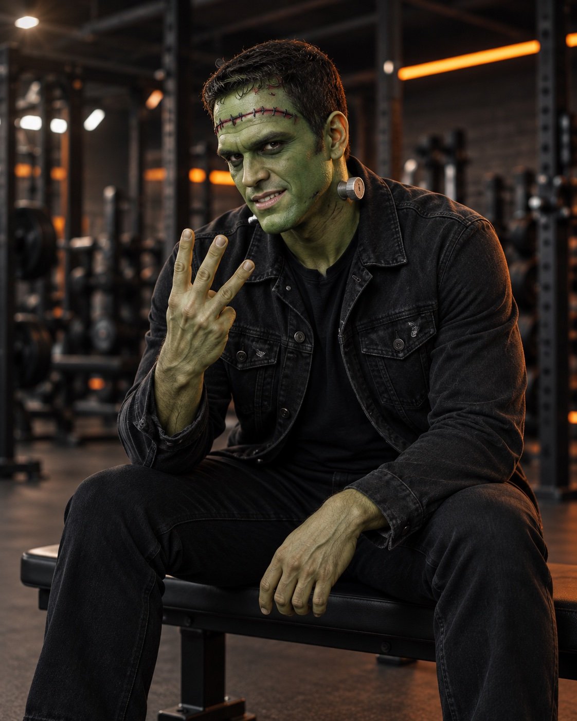 Frankenstein, personaje ficticio de Halloween mostrando tres dedos levantados; ilustración creada con IA, no es una fotografía de la sede