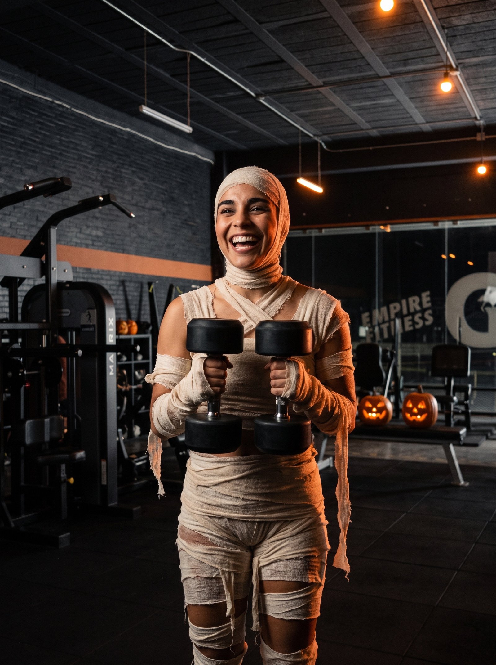 Atleta de Empire caracterizada como momia, entrenando con mancuernas en un gimnasio oscuro con acentos cálidos de Halloween