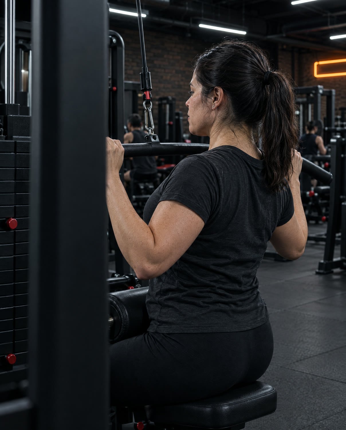 Escena editorial generada de una mujer entrenando en equipo negro para la campaña Zavaleta; no es una fotografía documental de la sede